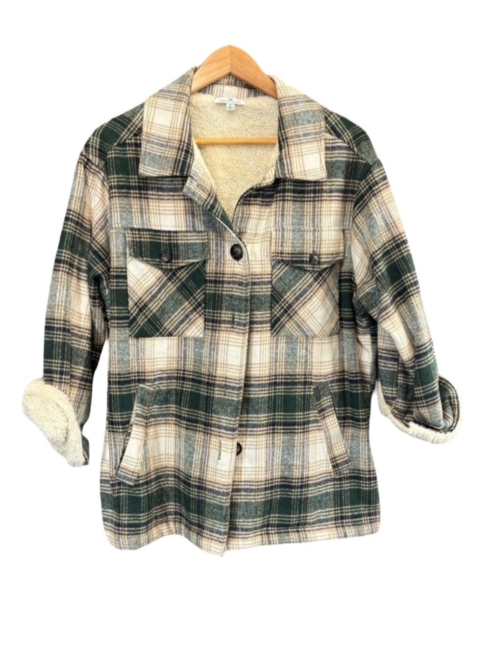 Green and Cream Utility Jacket with Plaid Pattern